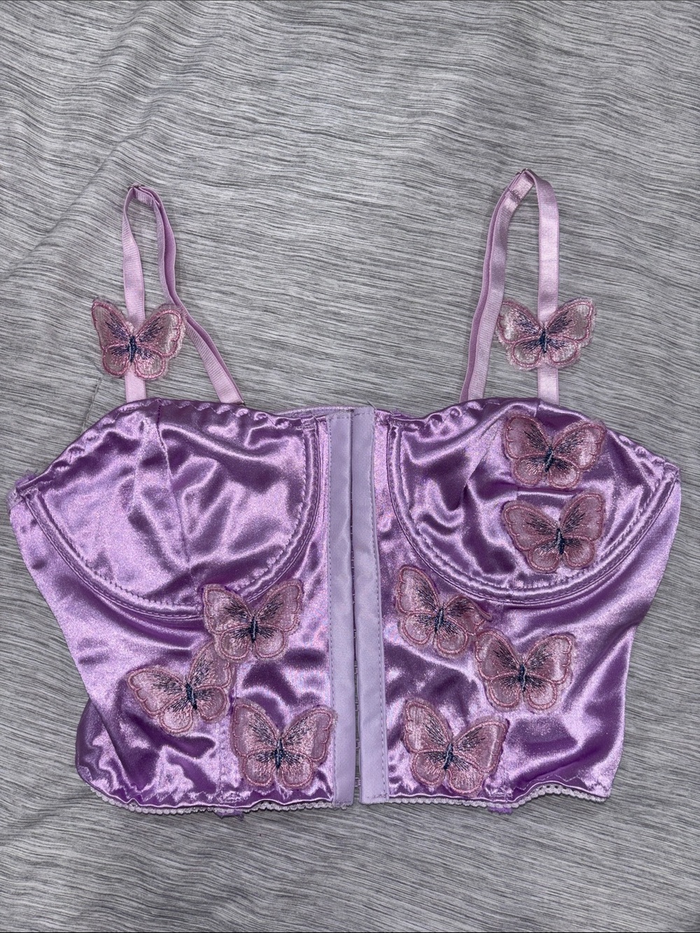 Lilac Satin Butterfly Embellished Bustier Bra